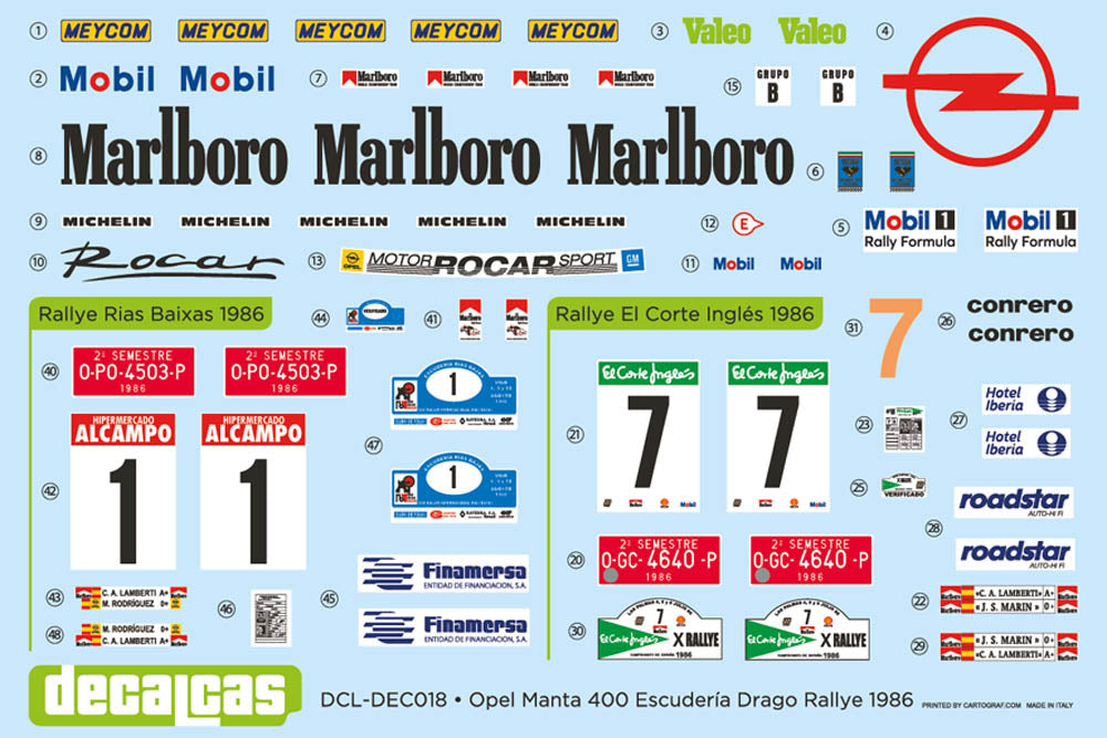 DECALS OPEL MANTA 400 GR.B MARLBORO - EL CORTE INGLES / ISLAS CANARIAS & INTERNACIONAL RIAS BAIXAS RALLY