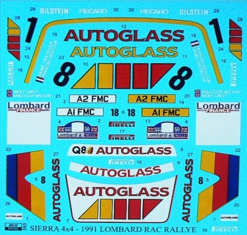 DECALS FORD SIERRA COSWORTH 4X4 Q8/AUTOGLASS - LOMBARD RAC RALLY 1991