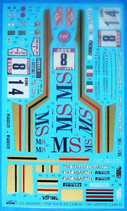 DECALS FIAT 131 ABARTH MS ITALIA - RALLY MONTE CARLO - TOUR CORSE 1980 1981