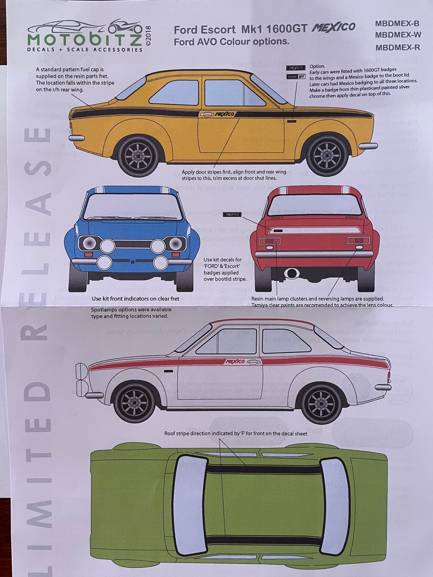 AUTOCOLLANTS FORD ESCORT MK1 1600 GT MEXIQUE - OPTIONS DE COULEURS FORD AVO