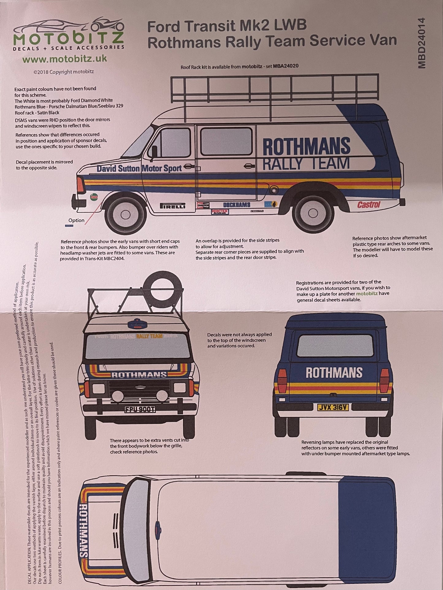 AUTOCOLLANTS FORD TRANSIT MK2 LWB - FOURgon DE SERVICE DE L'ÉQUIPE DE RALLYE ROTHMANS