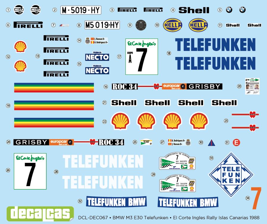 DECALS BMW M3 E30 TELEFUNKEN - EL CORTE INGLES RALLY ISLAS CANARIAS 1988