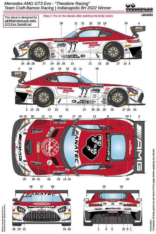 DECALS MERCEDES BENZ AMG EVO GT3 THEODORE RACING TEAM - INDIANAPOLIS 8 HOURS 2022 WINNER