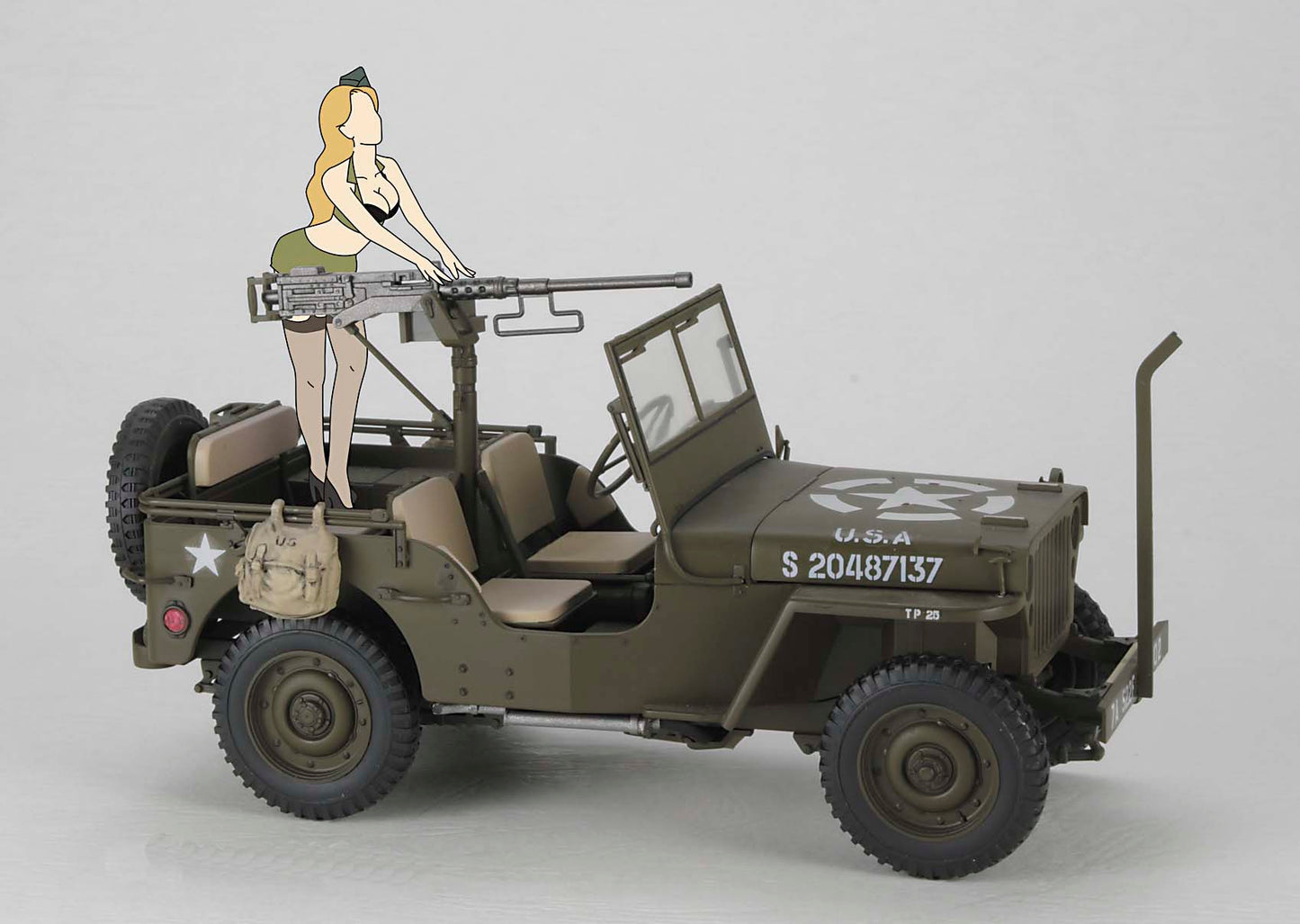 WWII JEEP 4X4 TRUCK WITH M2 MACHINE GUN AND FEMALE FIGURE