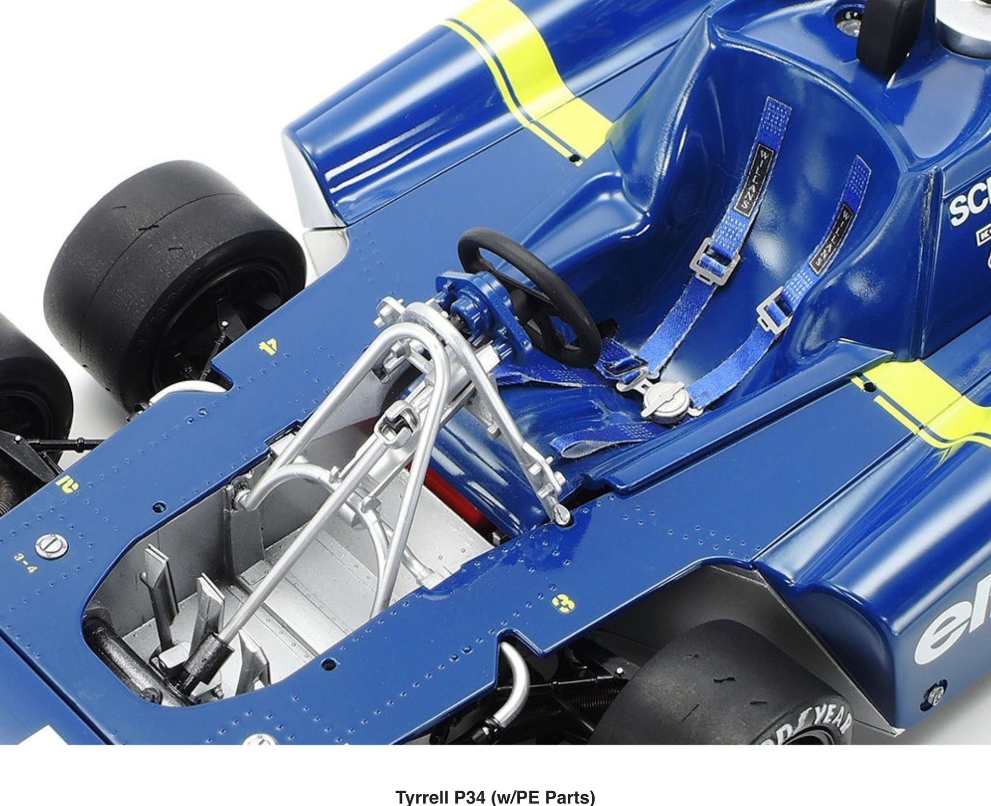 Tyrrell Ford 003 Tyrrell Racing Team sponsored by ELF - Monaco Formula 1  Grand Prix 1971. Car scale model kit in 1/12 scale manufactured by Tamiya  (re