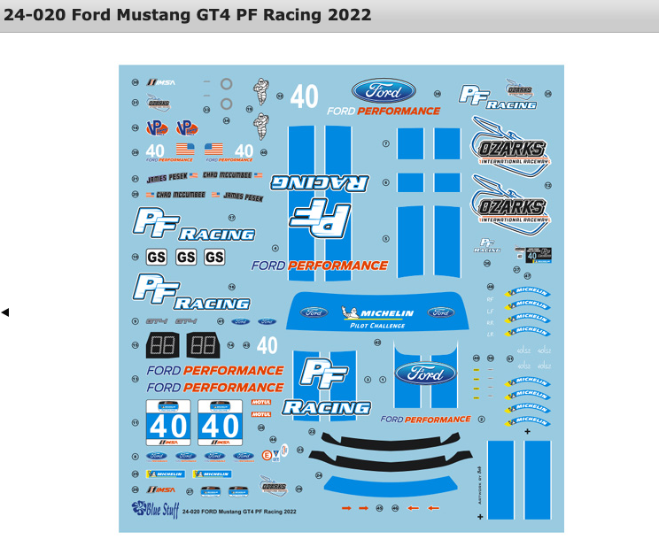 DECALS FORD MUSTANG GT4 PF RACING TEAM - OZARKS - IMSA MICHELIN PILOT CHALLENGE 2022