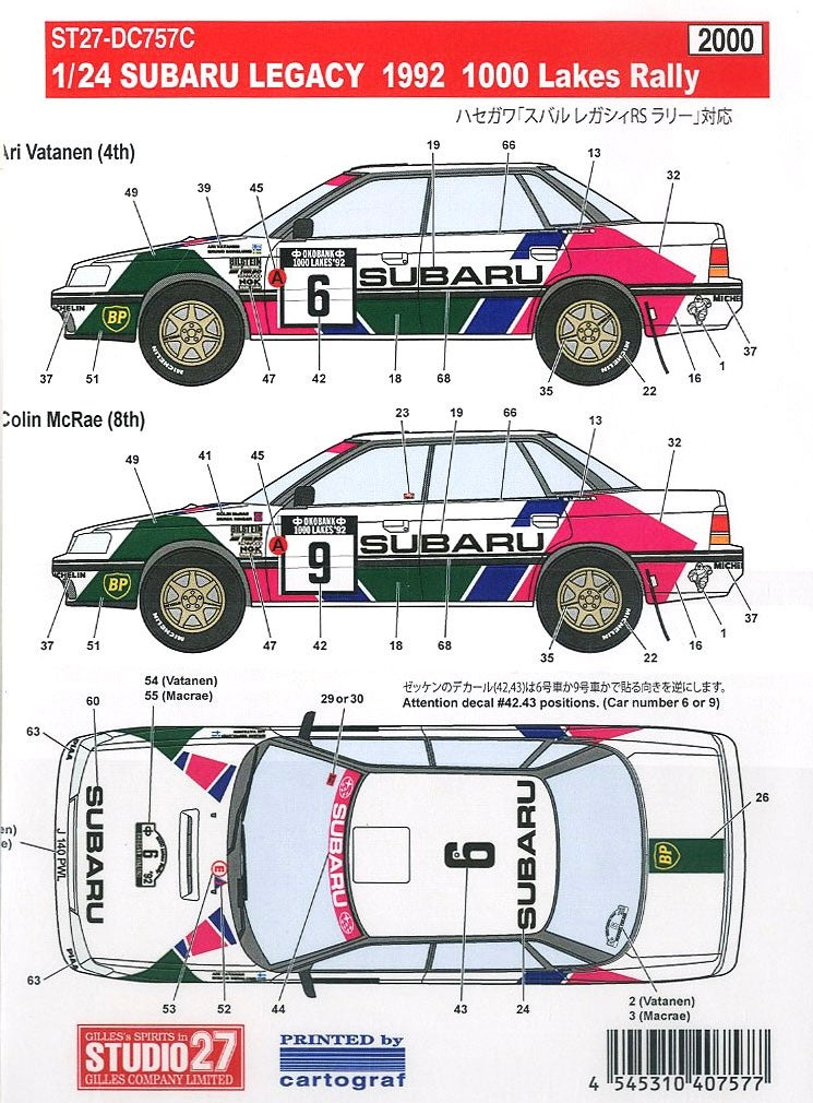 DECALS SUBARU LEGACY - PRODRIVE - RALLY 1000 LAKES FINLAND 1992