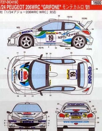 DECALS PEUGEOT 206 GRIFONE - KPN QWEST - MONTE CARLO RALLY 2001