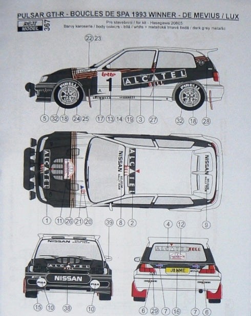 SET AUTOCOLLANTS ET PE NISSAN PULSAR GR.A - ALCATEL - RALLYE BOUCLES DE SPA 1993