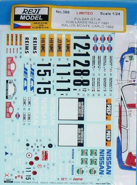 SET OF DECALS AND P.E NISSAN PULSAR GTI-R GR.A - RALLY MONTE CARLO 92 & RALLY 1000 LAKES FINLAND RALLY 91