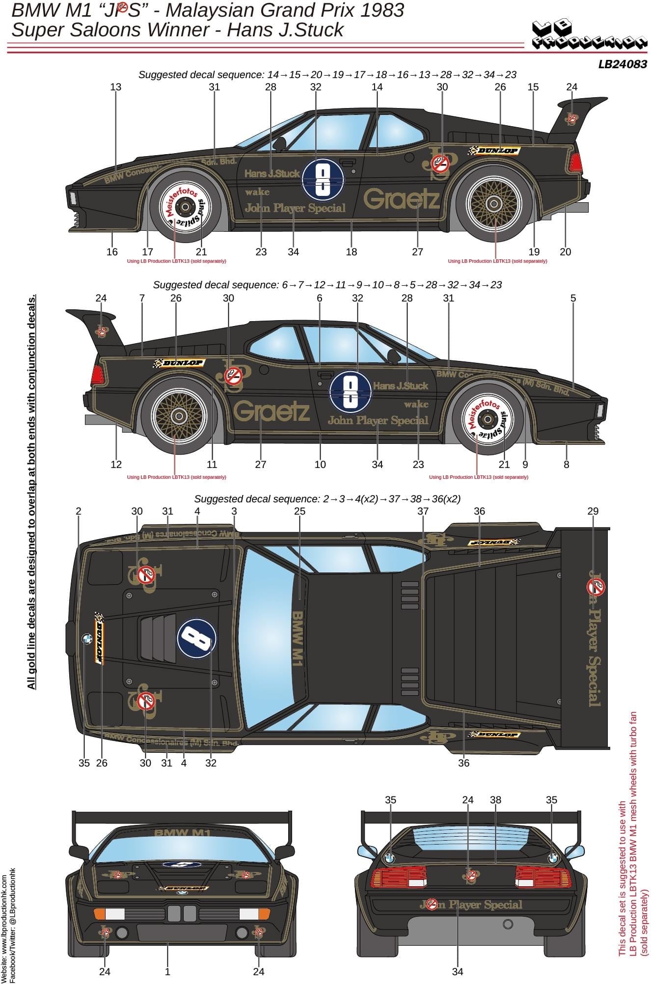 DECALS BMW M1 - JOHN PLAYER SPECIAL - MALAYSIAN GRAND PRIX 1983 SUPER SALOONS WINNER