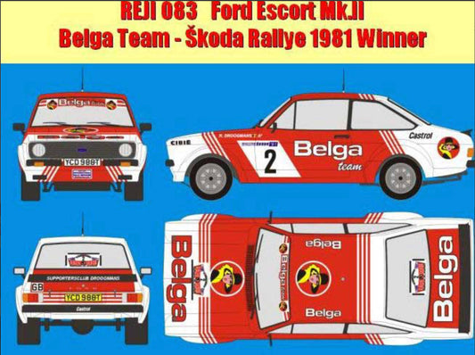 AUTOCOLLANTS FORD ESCORT RS 1800 BELGA TEAM - RALLYE SKODA 1981 GAGNANT