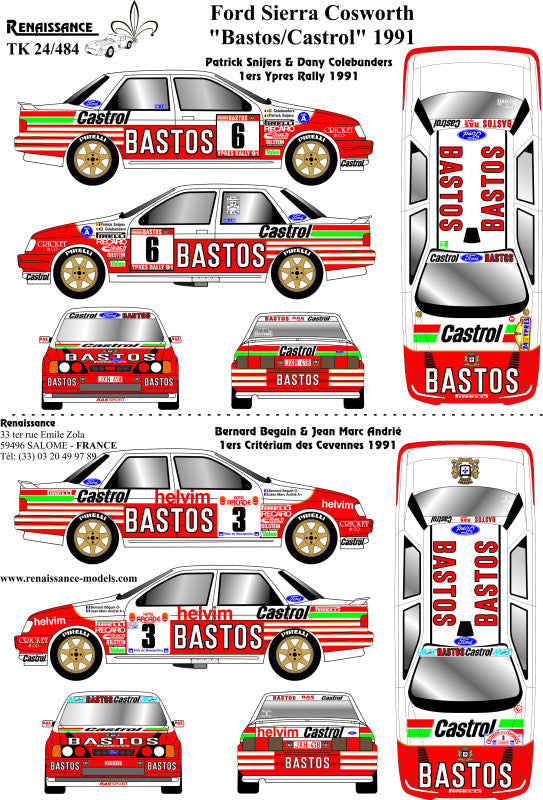 AUTOCOLLANTS FORD SIERRA COSWORTH 4X4 BASTOS CASTROL - RALLYE D'YPRES 1991