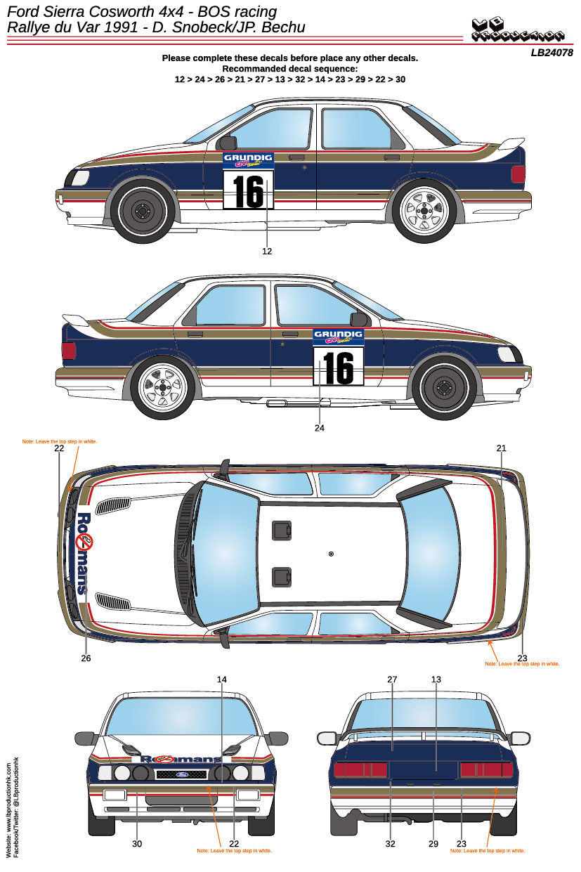 AUTOCOLLANTS FORD SIERRA COSWORTH 4X4 BOS RACING - ROTHMANS - RALLYE DU VAR ​​1991