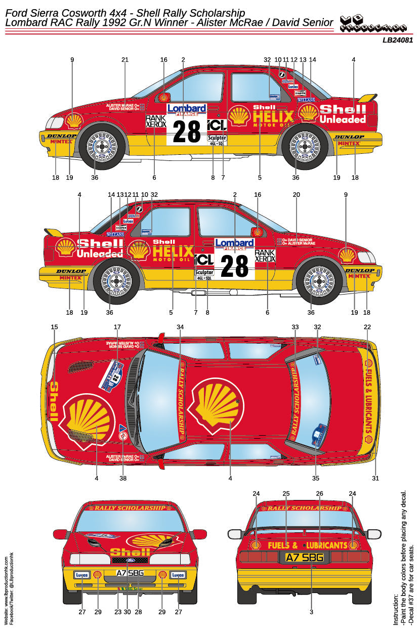 Shell Rally Sticker DECALS FORD SIERRA COSWORTH 4X4 GR.N - SHELL HELIX - RAC RALLY 1992 ...