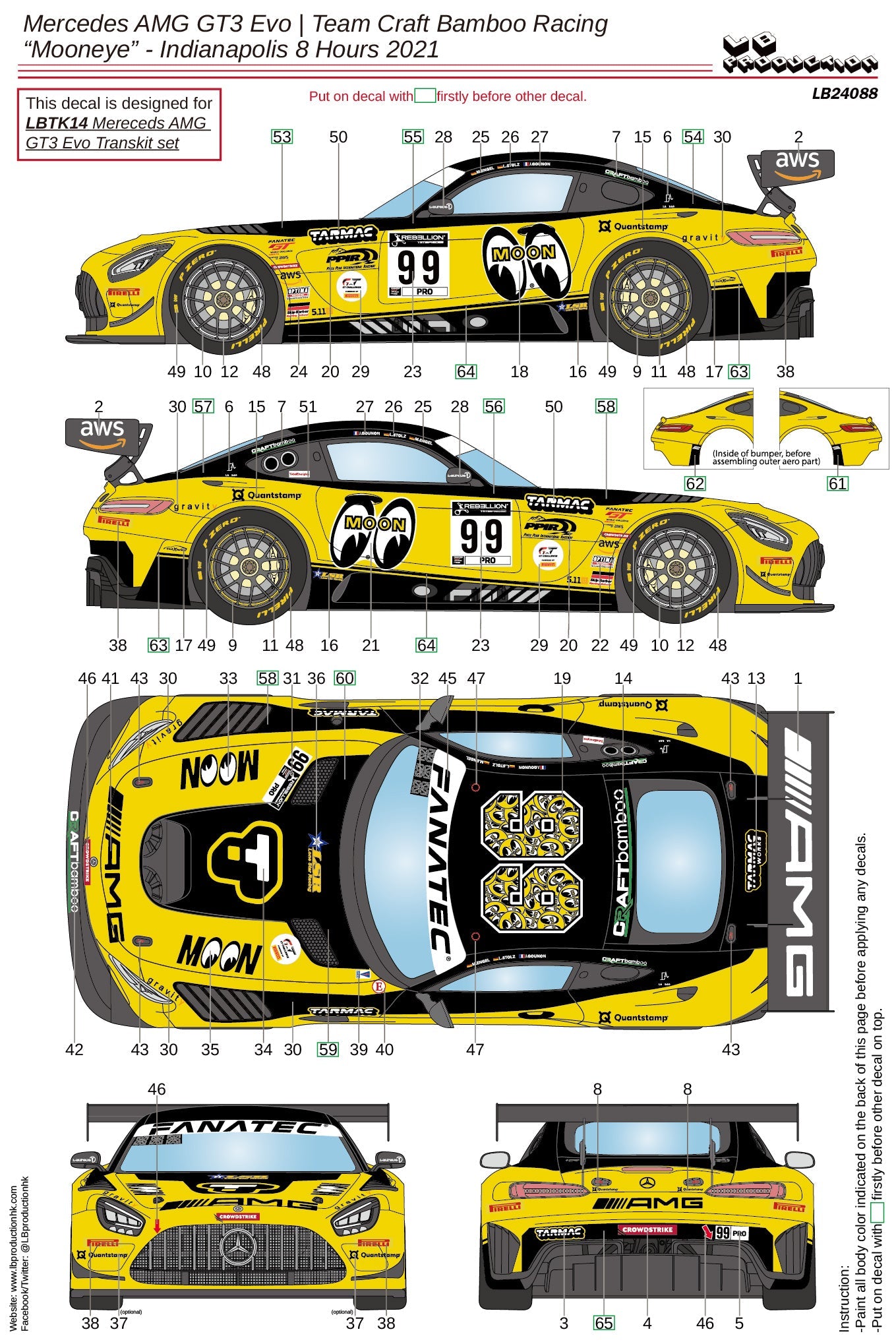 DECALS MERCEDES BENZ AMG GT3 - MOONEYE - 8 HOURS INDIANAPOLIS 2021