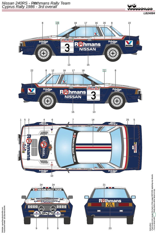 DECALS NISSAN 240 RS - ROTHMANS - CYPRUS RALLY 1986
