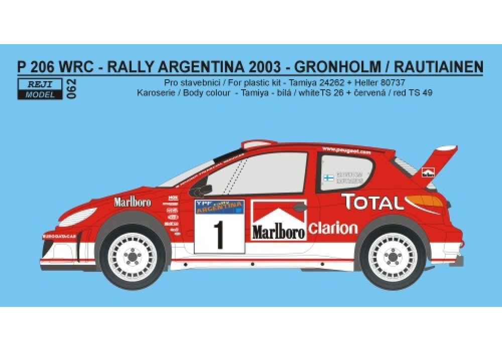 DECALS PEUGEOT 206 WRC CLARION TOTAL MARLBORO - RALLY ARGENTINA 2003