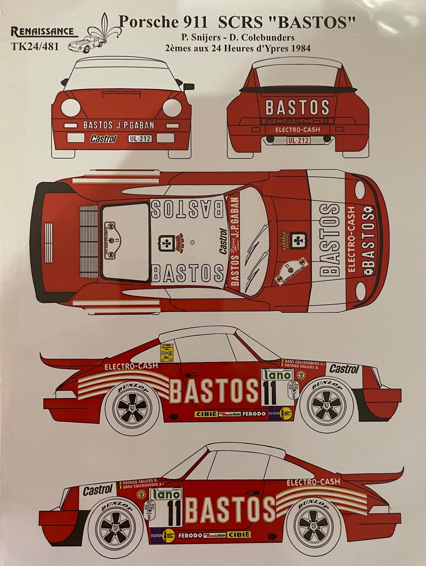 DECALS PORSCHE 911 SCRS - BASTOS - YPRES RALLY 1984