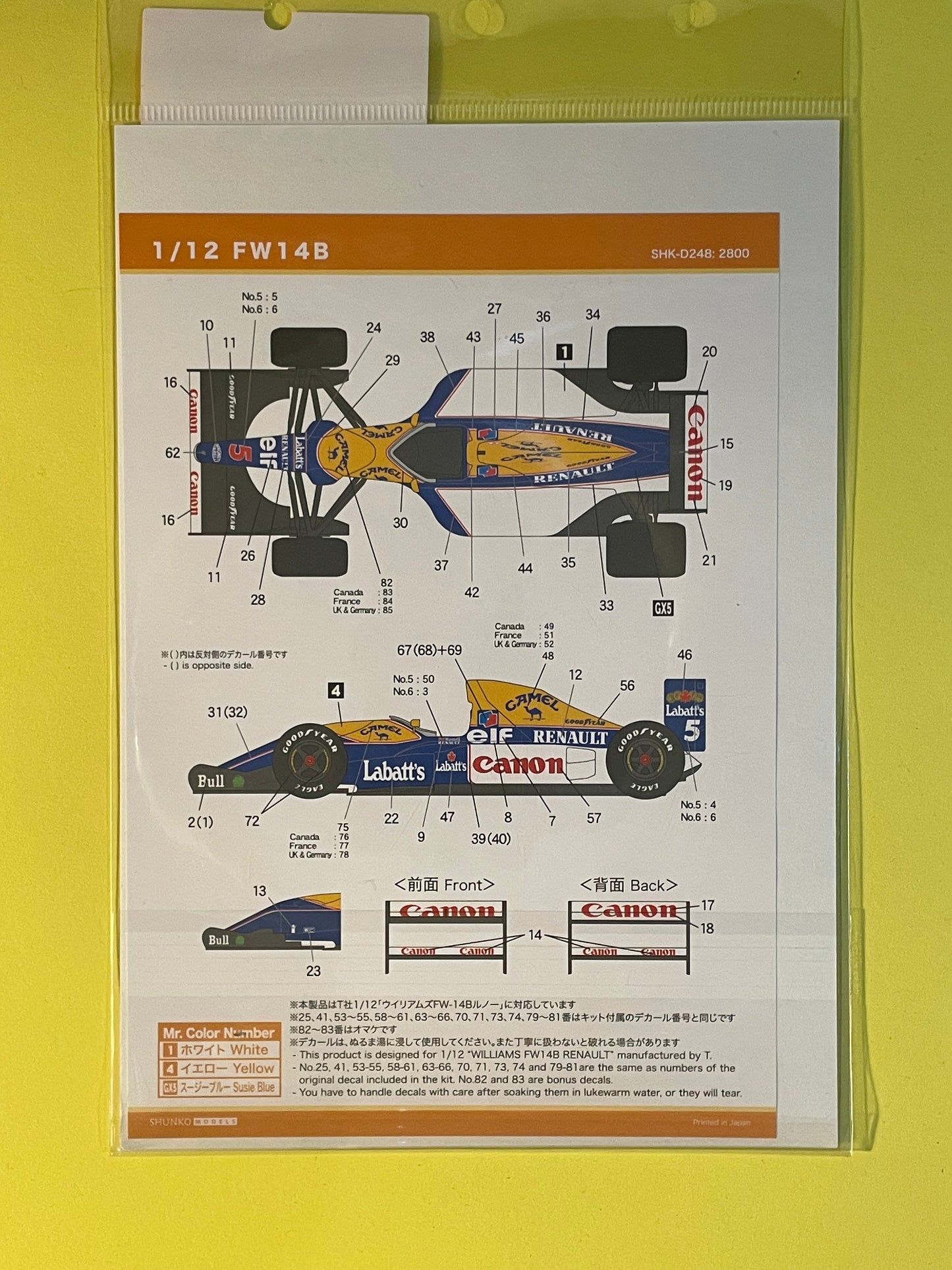 AUTOCOLLANTS WILLIAMS FW14B - CAMEL - F1 1992