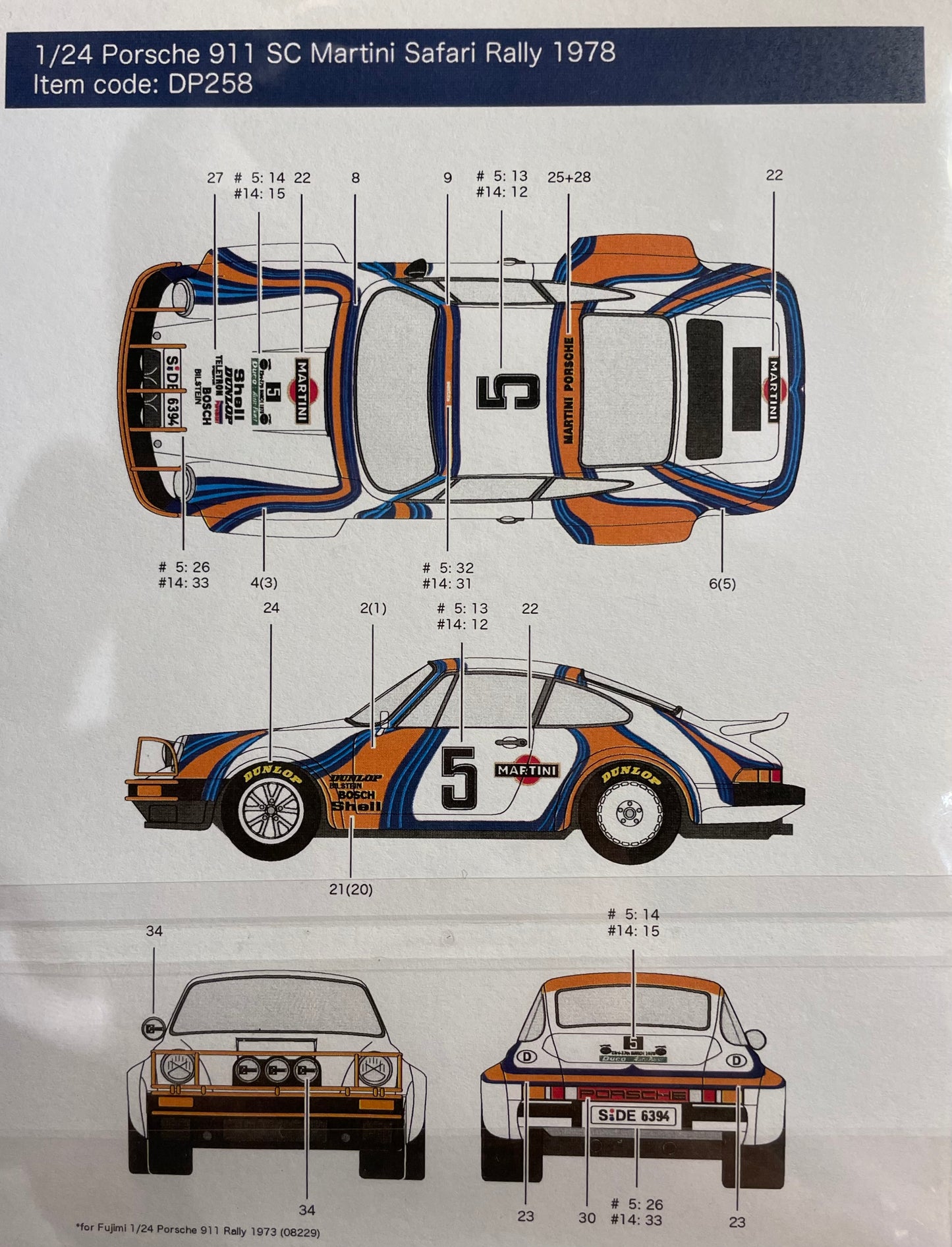 DECALQUE PORSCHE 911 SC MARTINI - RALLY SAFARI 1978