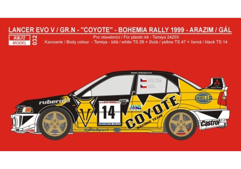 DECALQUES MITSUBISHI LANCER EVO V - COYOTE - RALLY BOHEMIA 1999