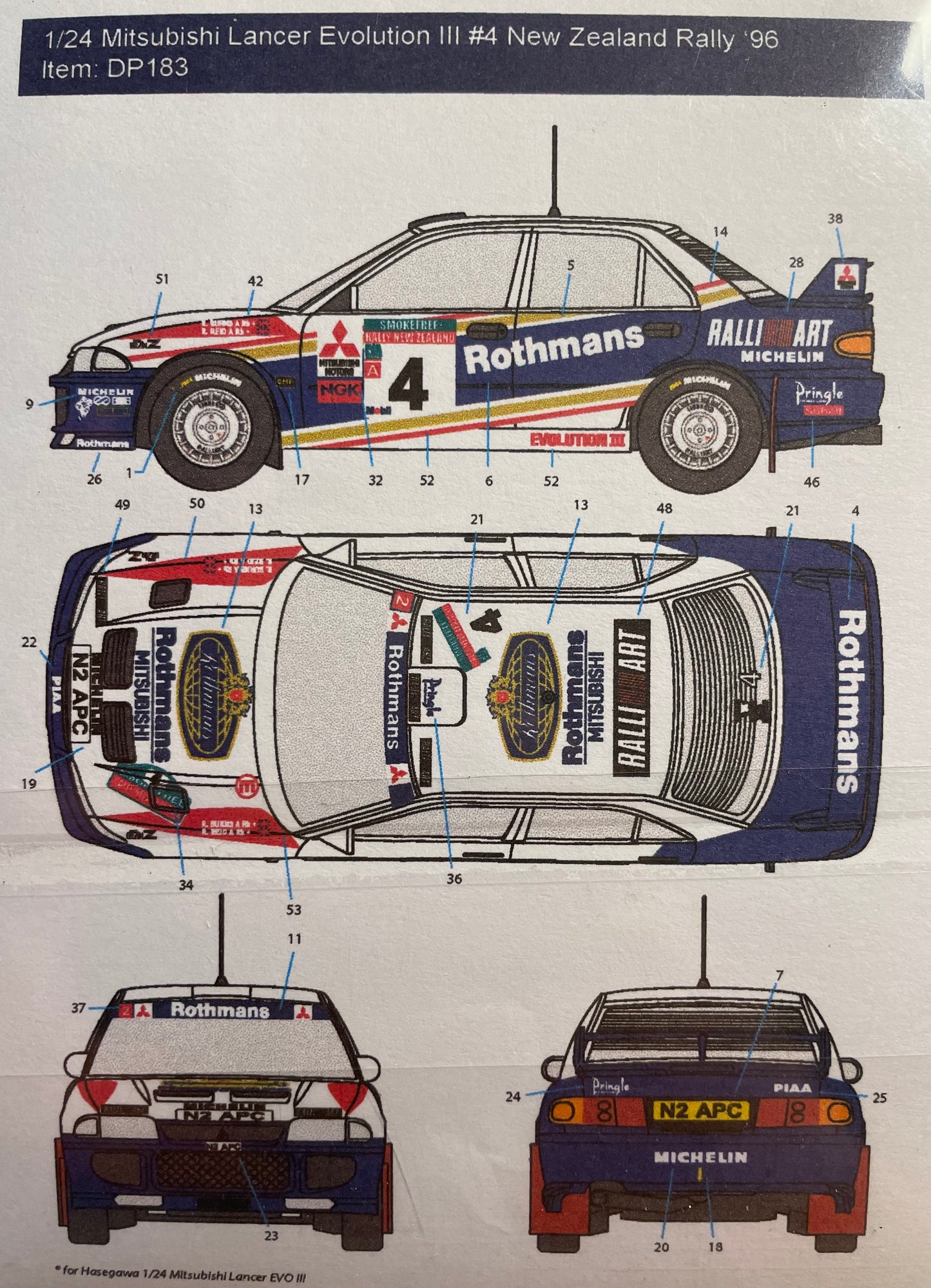 DECALQUES MITSUBISHI LANCER EVO III - ROTHMANS - RALLY NOVA ZELÂNDIA 1996