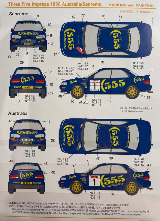DECALQUES SUBARU IMPREZA WRC 555 - RALLY AUSTRÁLIA / SANREMO 1996
